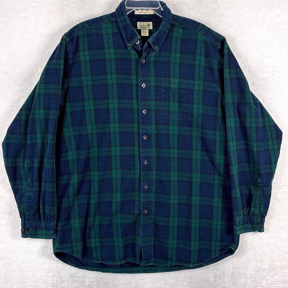 Vintage LL Bean Flannel Shirt Mens XL Tall Navy Green Plaid Outdoor Lumberjack